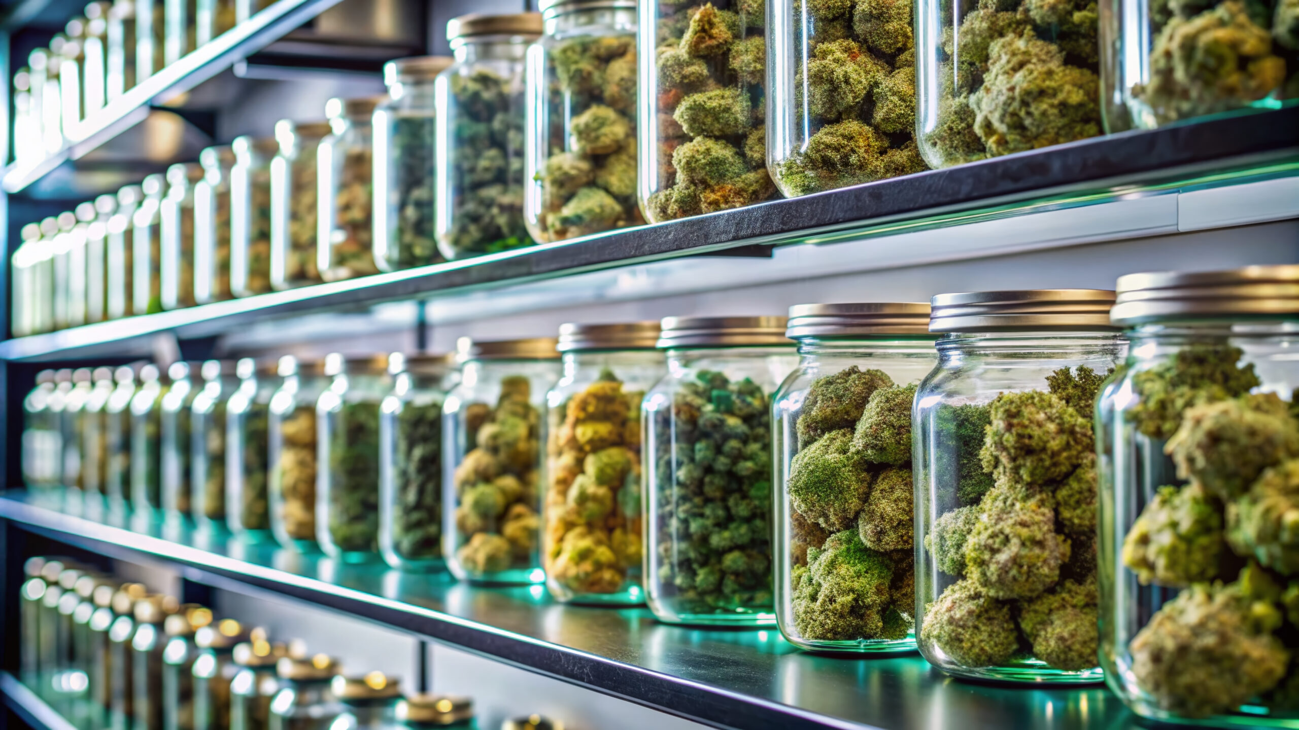 Glass jars filled with different strains of cannabis, lined on dispensary shelves.